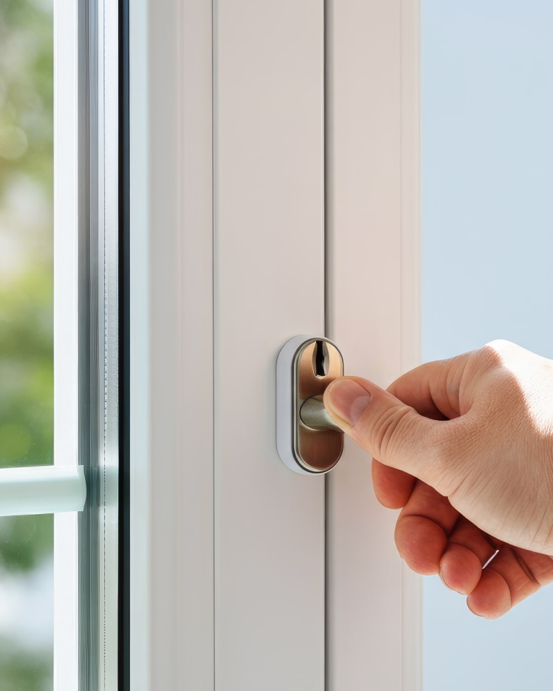 Engineer installing a new window lock mechanism
