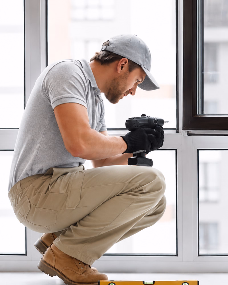 Technician inspecting misted double glazing with condensation between the glass panes