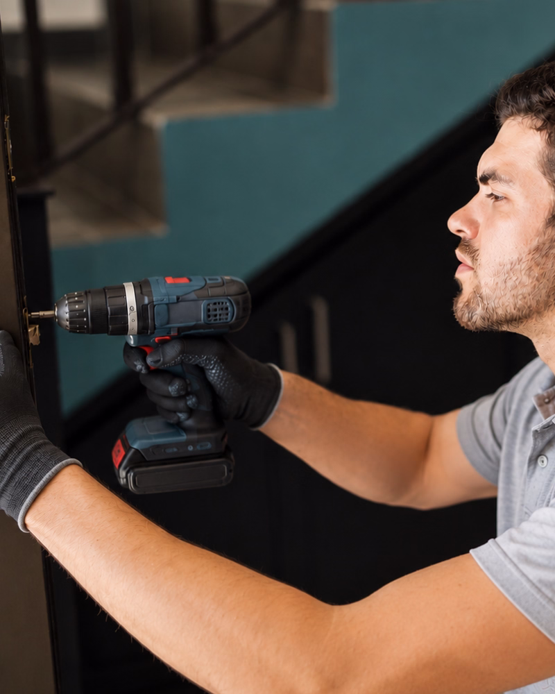 Window lock mechanism being repaired by a technician