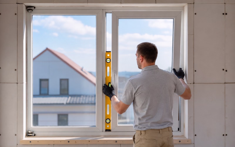 Technician repairing a residential window