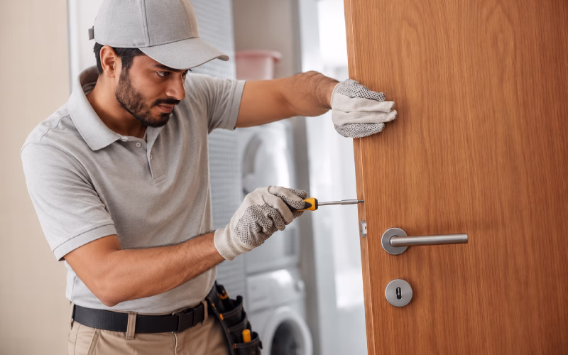 Technician installing a new window locking system