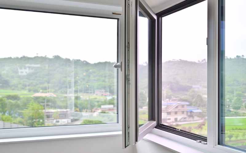 Misted double-glazed window with condensation between panes