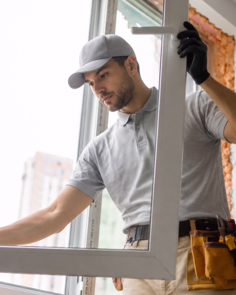 Glazier installing a replacement glass pane in a window frame.