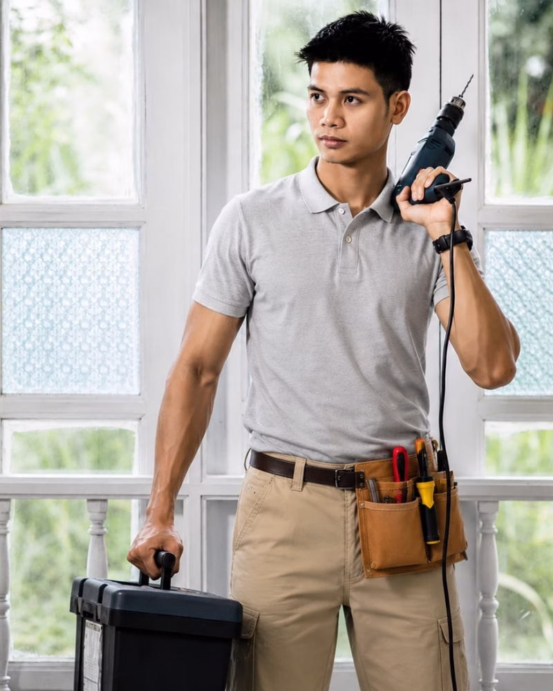 Glazier repairing a smashed window and replacing broken glass.