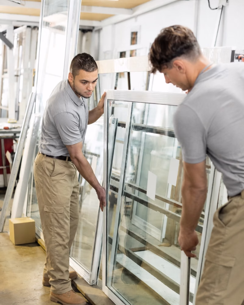 Glaziers moving a secure double-glazed window frame.